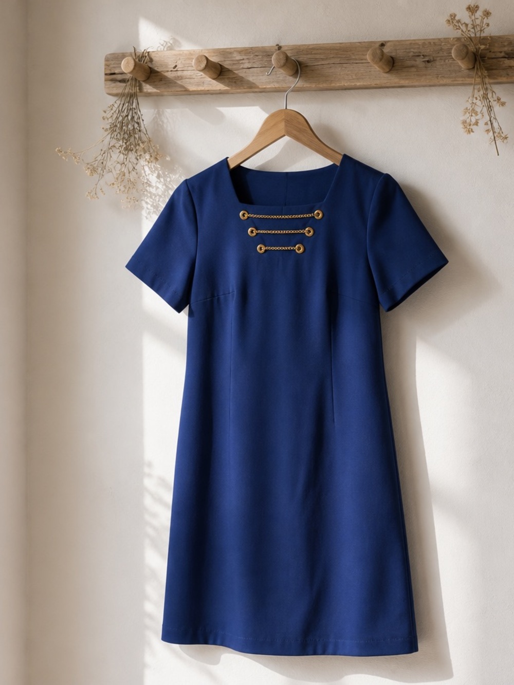 Chetta B Navy Mini Shift Dress with Gold Chain Accents